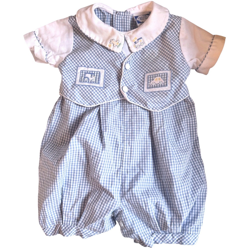 Carriage Boutiques Boy Romper 18M Blue & White Gingham Embroidered Vintage